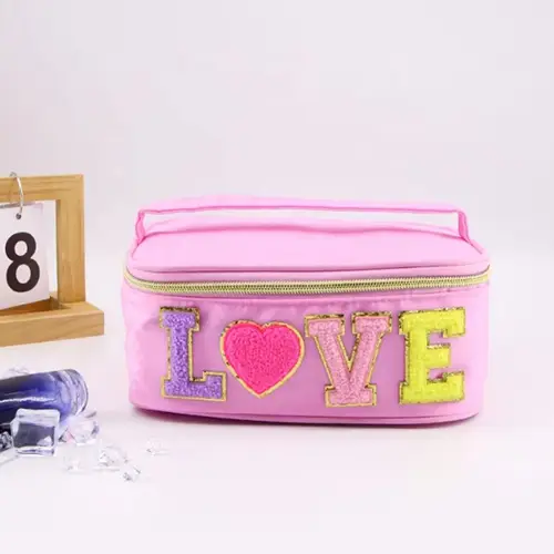 Girly Heart Custom Outdoor Hanging Makeup Bag With Letter Patches